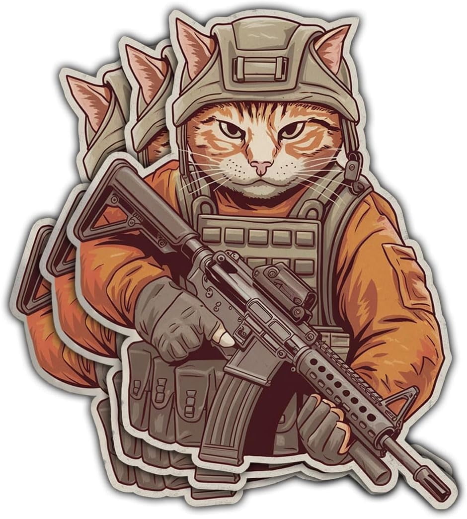 3pcs Tactical Cat Stickers, Armed Cats, Rifle-Carrying Cat, Orange ...