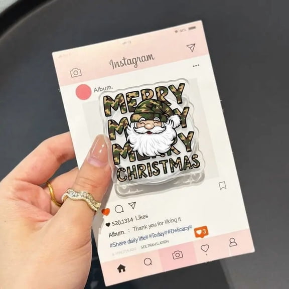 Tactical Christmas Phone Grip - Funny Santa Claus with Camo Hat Mobile Phone Holder - Acrylic Expanding Grip for Secure Handling and Selfies - Merry Merry Christmas" Text - Great Stocking Stuffer"