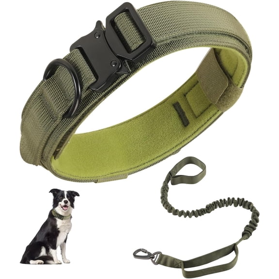 Tactical Collar and Leash Set, Adjustable Military Nylon Bungee Leash With Handle and Heavy Metal Buckle, Training Set for Medium Large Dogs (M, Green)