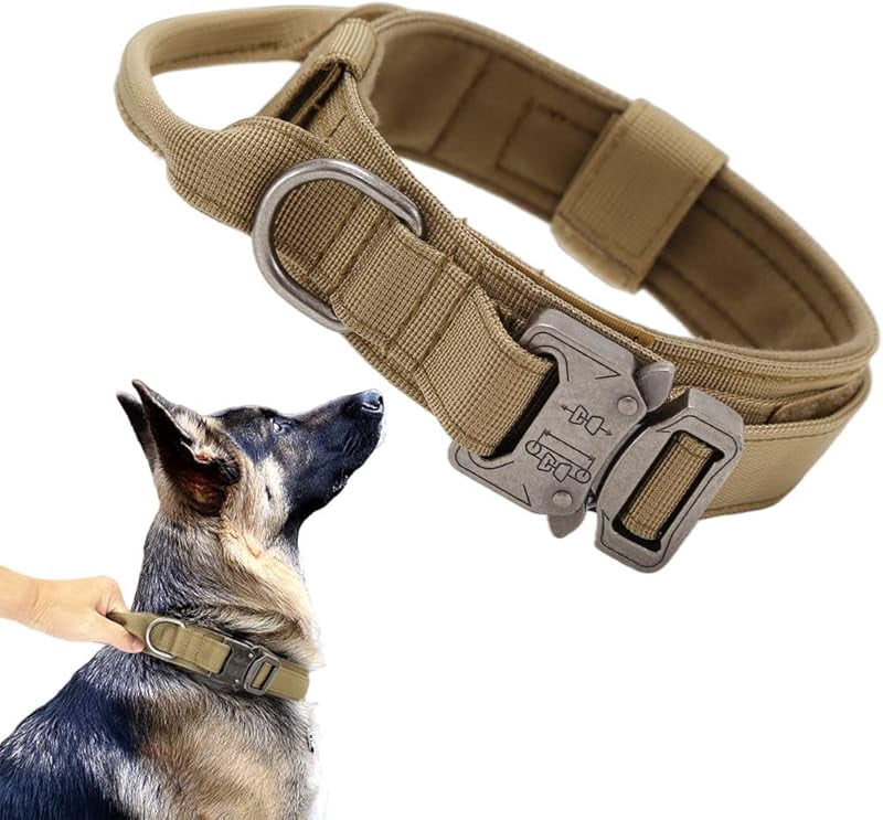 Tactical Dog Collar Adjustable Military Nylon Dog Collar with Control Handle and Heavy Duty Metal Buckle for Medium and Large Dogs (Brown,L)
