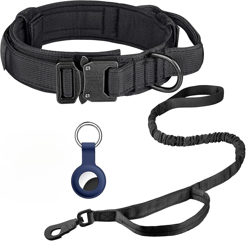 Tactical Dog Collar, Adjustable Military Training Nylon Dog Collar with Control Handle and Heavy Metal Buckle for Medium and Large Dogs, with Patches and Airtags Case (L, Black)