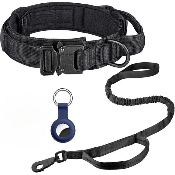 Tactical Dog Collar, Adjustable Military Training Nylon Dog Collar with Control Handle and Heavy Metal Buckle for Medium and Large Dogs, with Patches and Airtags Case (L, Black)