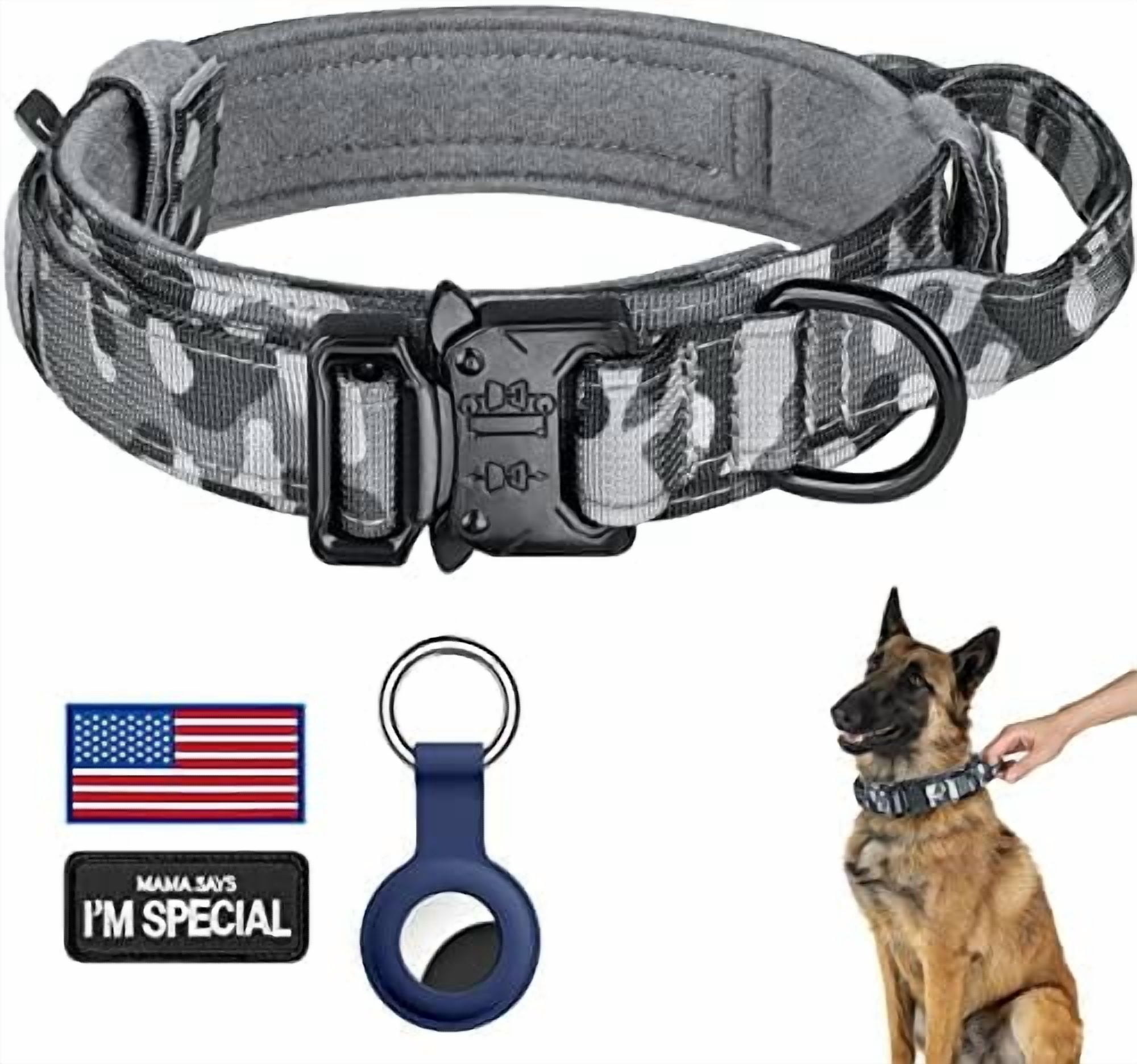 Tactical Dog Collar, Adjustable Military Training Nylon Dog Collar with Control Handle and Heavy Metal Buckle for Medium and Large Dogs, with Patches and Airtags Case (L, Camo)