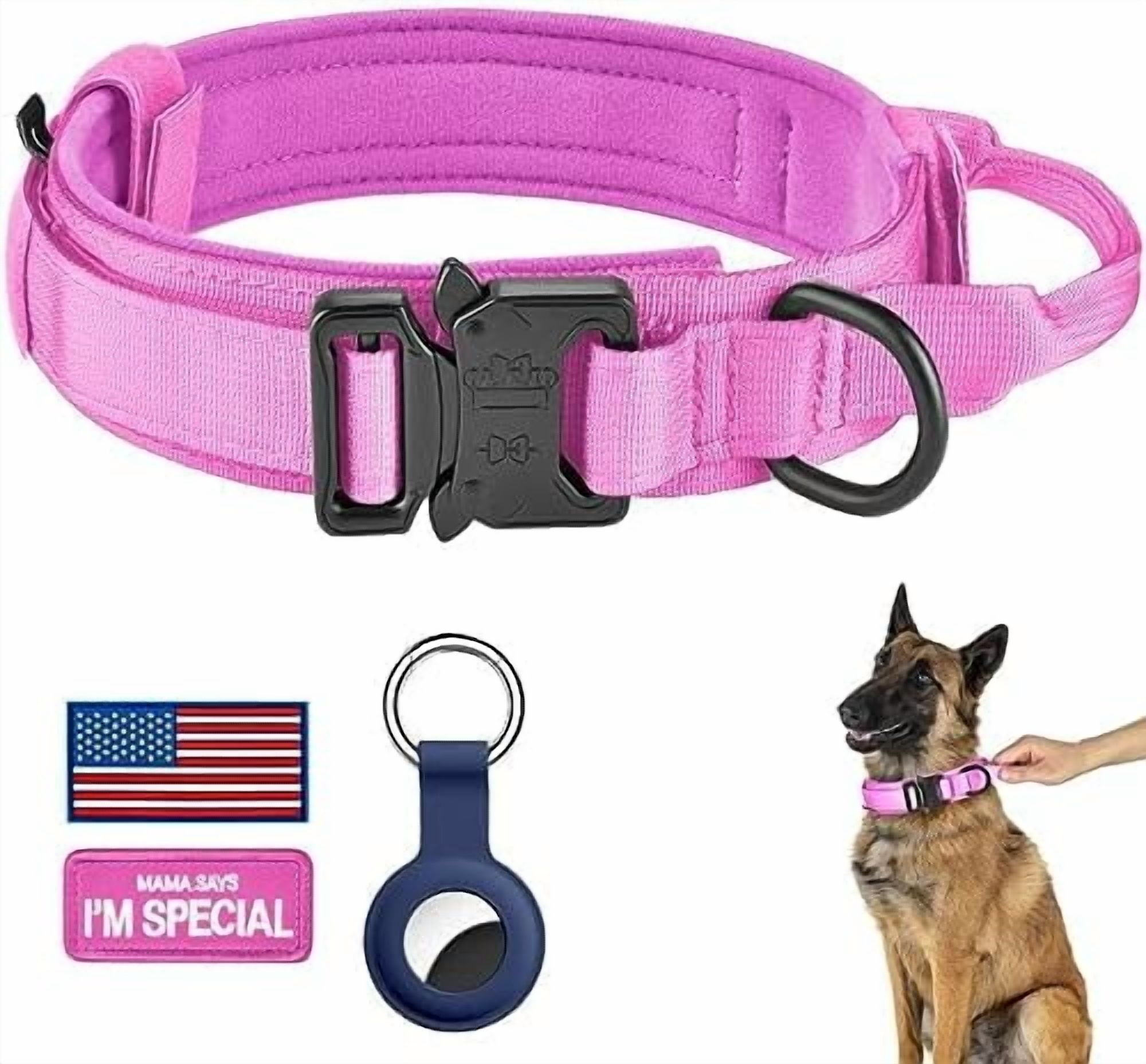 Tactical Dog Collar, Adjustable Military Training Nylon Dog Collar with Control Handle and Heavy Metal Buckle for Medium and Large Dogs, with Patches and Airtags Case (L, Pink)