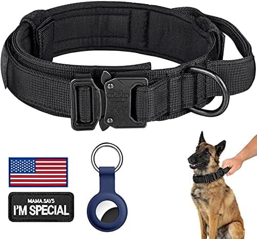 Tactical Dog Collar, Adjustable Military Training Nylon Dog Collar with Control Handle and Heavy Metal Buckle for Medium and Large Dogs, with Patches and Airtags Case (S, Black)