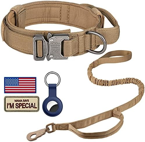 Tactical Dog Collar, Adjustable Military Training Nylon Dog Collar with Control Handle and Heavy Metal Buckle for Medium and Large Dogs, with Patches and Airtags Case (S, Brown-Set)