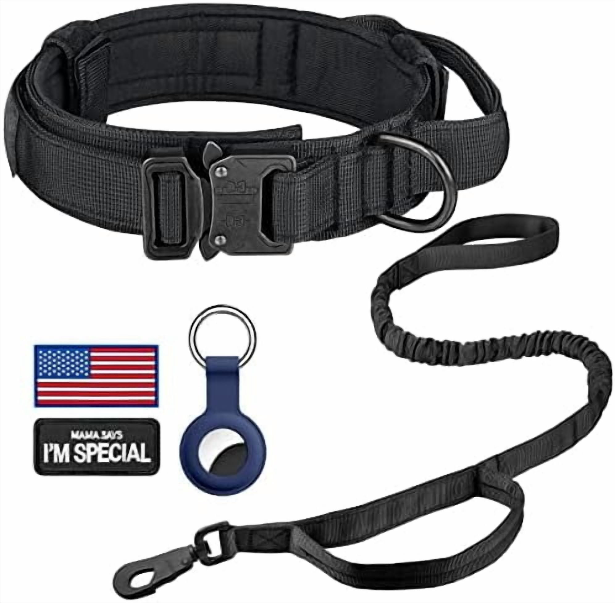 Tactical Dog Collar, Adjustable Military Training Nylon Dog Collar with Control Handle and Heavy Metal Buckle for Medium and Large Dogs, with Patches and Airtags Case (XXL, Black-Set)
