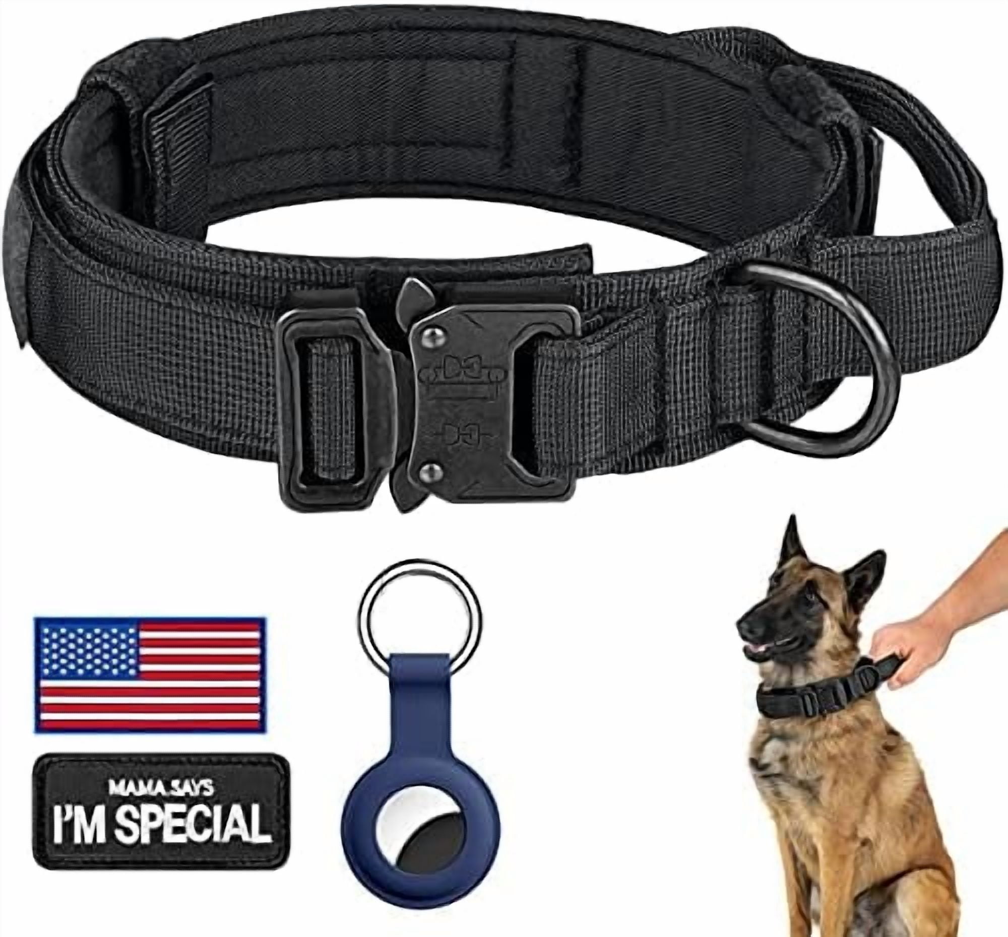 Tactical Dog Collar, Adjustable Military Training Nylon Dog Collar with Control Handle and Heavy Metal Buckle for Medium and Large Dogs, with Patches and Airtags Case (XXL, Black)