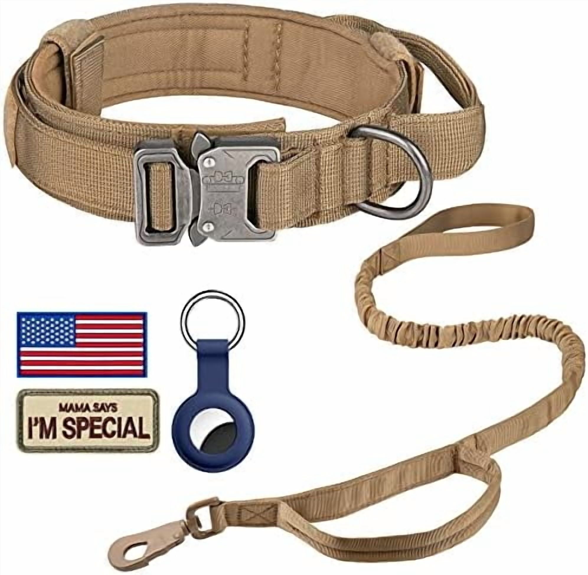 Tactical Dog Collar, Adjustable Military Training Nylon Dog Collar with Control Handle and Heavy Metal Buckle for Medium and Large Dogs, with Patches and Airtags Case (XXL, Brown-Set)