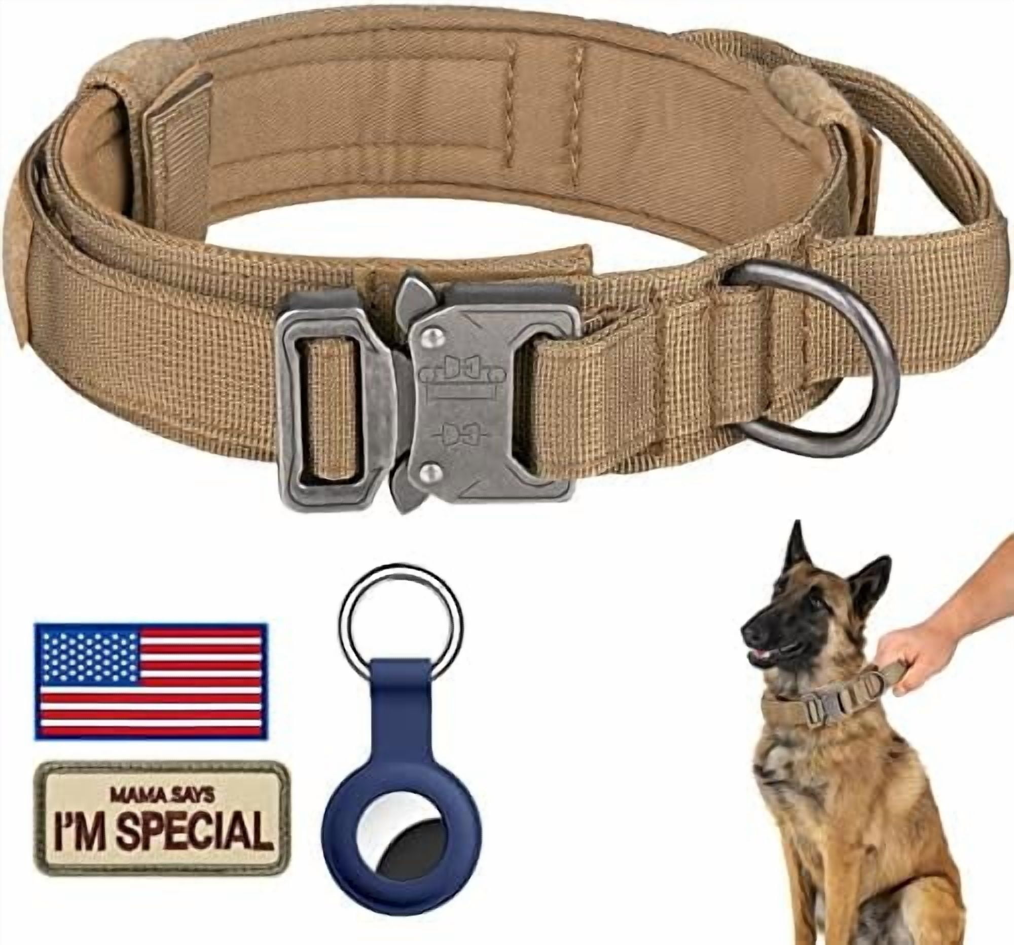Tactical Dog Collar, Adjustable Military Training Nylon Dog Collar with Control Handle and Heavy Metal Buckle for Medium and Large Dogs, with Patches and Airtags Case (XXL, Brown)