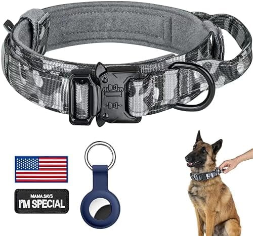 Tactical Dog Collar, Adjustable Military Training Nylon Dog Collar with Control Handle and Heavy Metal Buckle for Medium and Large Dogs, with Patches and Airtags Case (XXL, Camo)