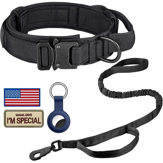 Tactical Dog Collar, Adjustable Military Training Nylon Dog Collar with Control Handle and Heavy Metal Buckle for Medium and Large Dogs, with Patches and Airtags Case