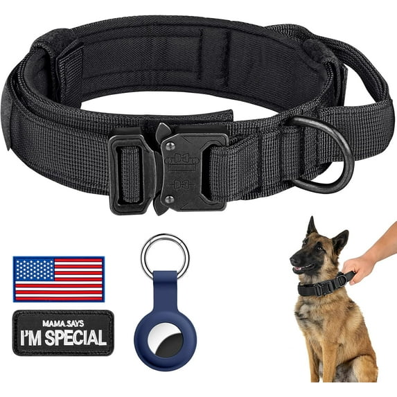 Tactical Dog Collar, Adjustable Military Training Nylon Dog Collar with Control Handle and Heavy Metal Buckle for Medium and Large Dogs, with Patches and Airtags Case