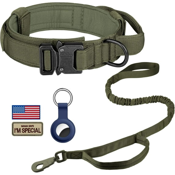 Tactical Dog Collar, Adjustable Military Training Nylon Dog Collar with Control Handle and Heavy Metal Buckle for Medium and Large Dogs, with Patches and Airtags Case