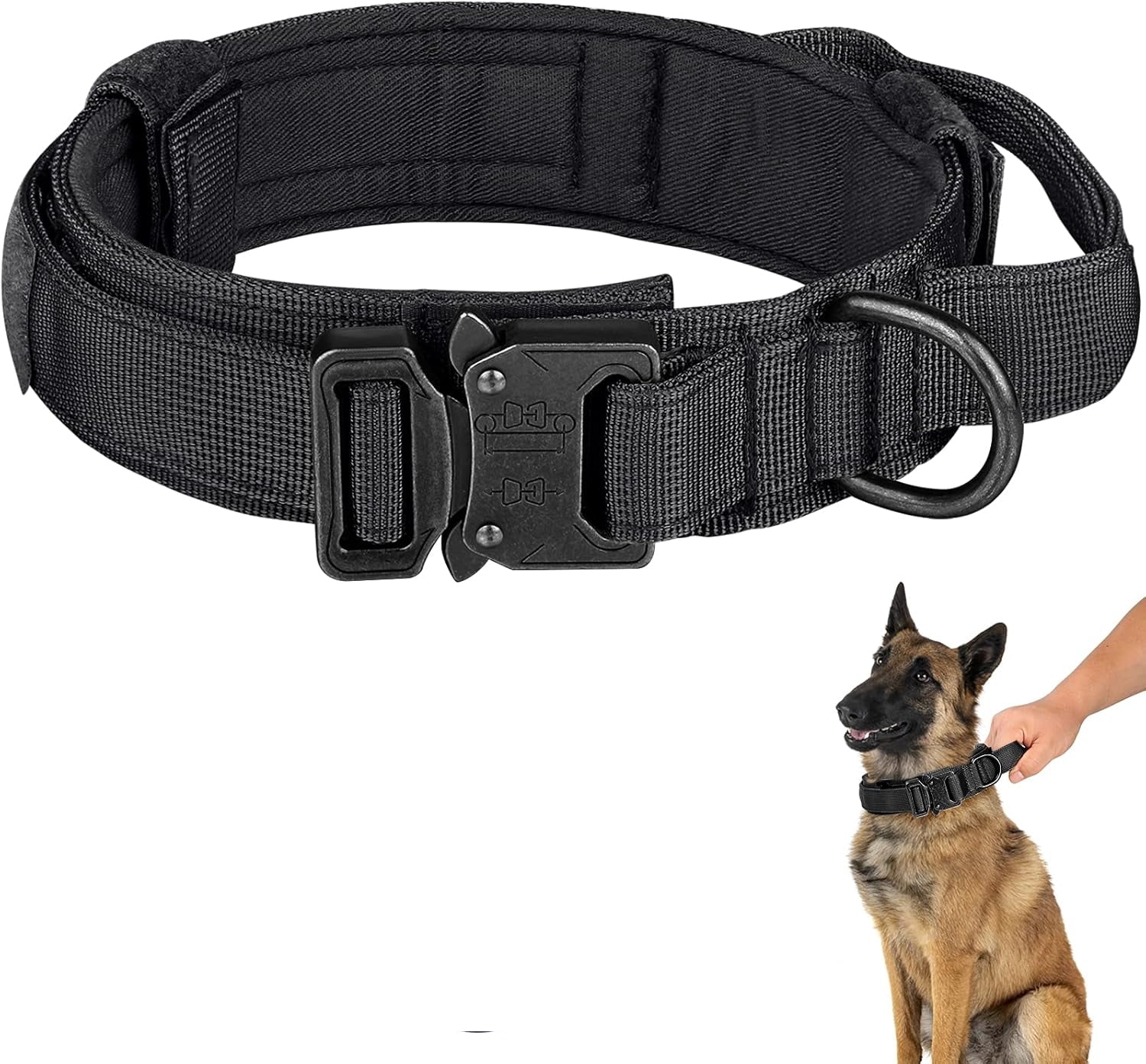 Tactical Dog Collar, Adjustable Military Training Nylon Dog Collar with Control Handle and Heavy Metal Buckle for Medium and Large Dogs, with Patches and Airtags Case