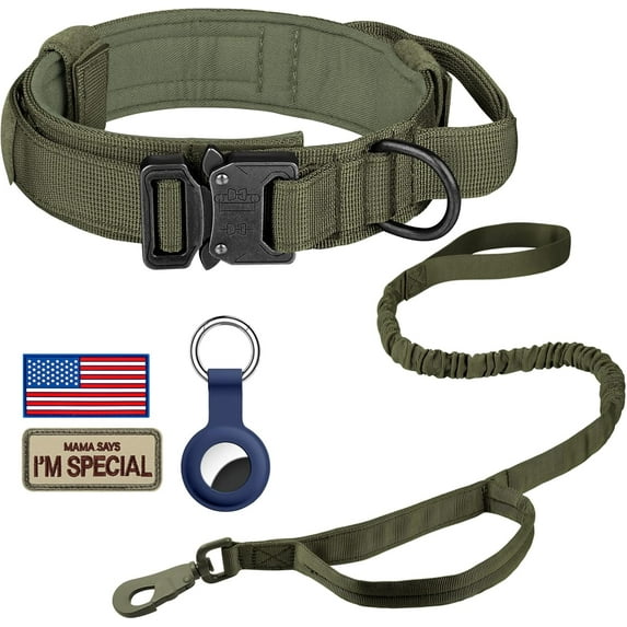 Tactical Dog Collar, Adjustable Military Training Nylon Dog Collar with Control Handle and Heavy Metal Buckle for Medium and Large Dogs, with Patches and Airtags Case