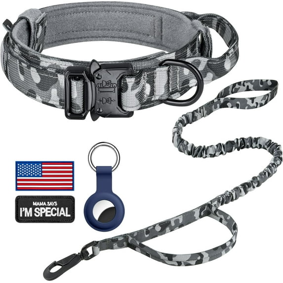 Tactical Dog Collar, Adjustable Military Training Nylon Dog Collar with Control Handle and Heavy Metal Buckle for Medium and Large Dogs, with Patches and Airtags Case