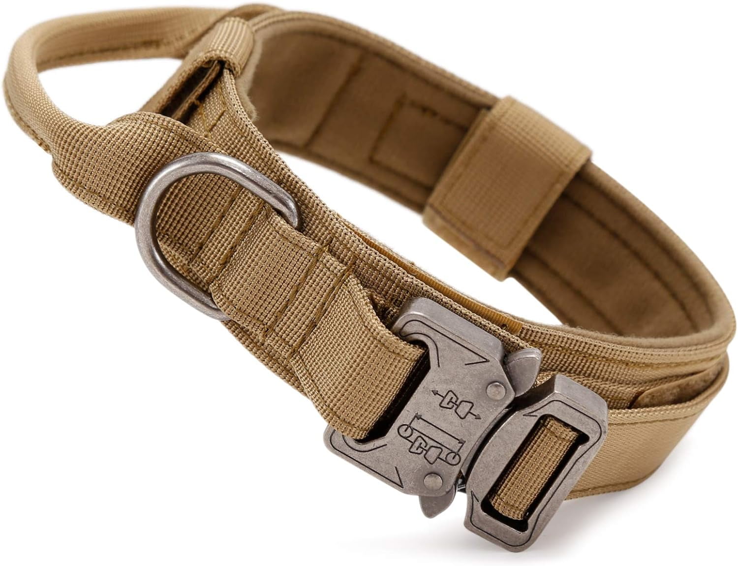 Tactical Dog Collar with Command Handle, Military Adjustable Nylon Necklace, Metal Buckle, Braided for Medium Size Dogs, Hunting Training/Exterior (Brown-L)-XL