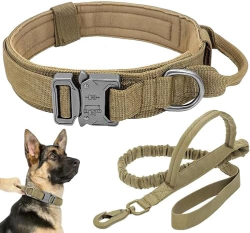 Tactical Dog Collar Leash Set, Adjustable Military Training Nylon Collar Dog Training with Control Handleand Metal Buckle, Dog Collar for Medium Large Dogs (Brown,M)