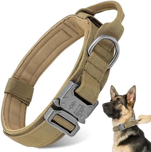 Tactical Dog Collar - Military Dog Collar, Adjustable Heavy Duty Metal Buckle Nylon Collar with Control Handle for Small Medium Large Dogs, (Brown, L)