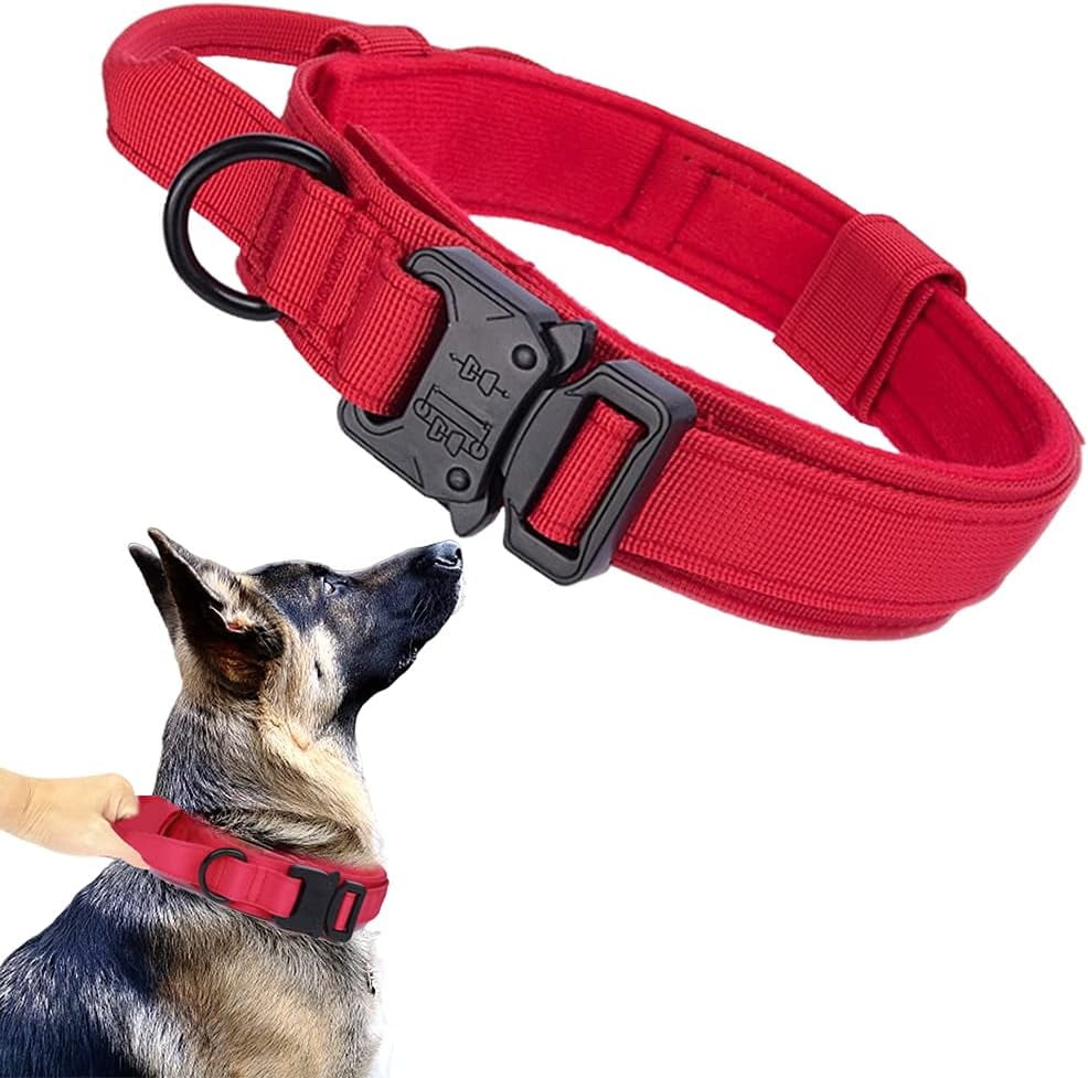 Tactical Dog Collar Military Dog Collar Adjustable Nylon Dog Collar Heavy Duty Metal Buckle with Handle for Dog Training (Red,L)