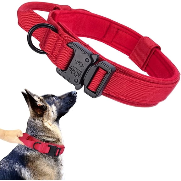 Tactical Dog Collar Military Dog Collar Adjustable Nylon Dog Collar Heavy Duty Metal Buckle with Handle for Dog Training (Red,L)