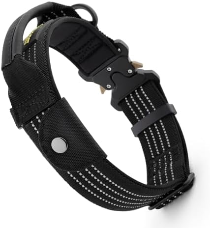 Tactical Dog Collar with Tracker Pocket for AirTag, Adjustable Reflective Nylon Collar, Metal Buckle, Leather-Wrapped Handle, Soft Padded for Medium Large Dogs (Black, S)