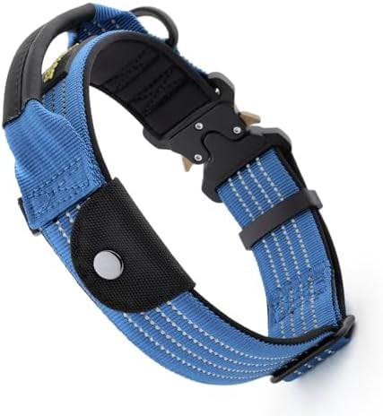 Tactical Dog Collar with Tracker Pocket for AirTag, Adjustable Reflective Nylon Collar, Metal Buckle, Leather-Wrapped Handle, Soft Padded for Medium Large Dogs (Blue, L)