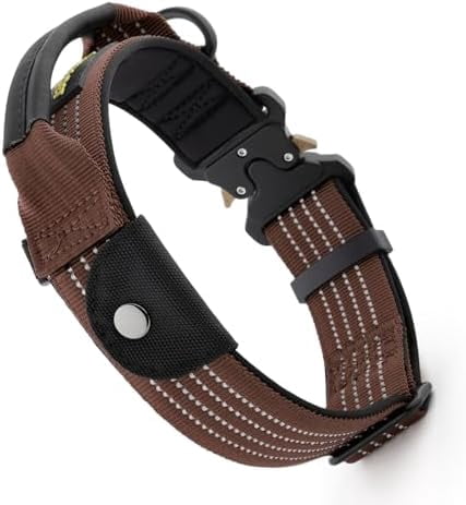 Tactical Dog Collar with Tracker Pocket for AirTag, Adjustable Reflective Nylon Collar, Metal Buckle, Leather-Wrapped Handle, Soft Padded for Medium Large Dogs (Chocolate, L)