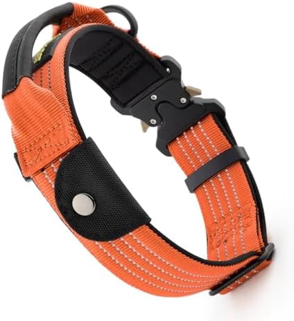 Tactical Dog Collar with Tracker Pocket for AirTag, Adjustable Reflective Nylon Collar, Metal Buckle, Leather-Wrapped Handle, Soft Padded for Medium Large Dogs (Orange, L)