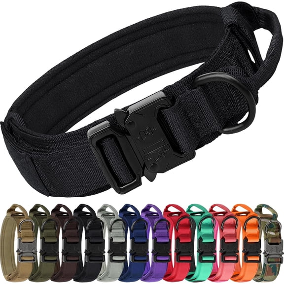Tactical Dog Collar with Handle, Adjustable Heavy Duty Military Collar with 2 Patches for Training, Suitable for Large Dogs, Black, L