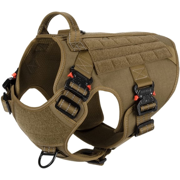 Tactical Dog Harness with 4X Metal Buckle, MOLLE K9 Vest with Handle, No-Pull Front Clip, Adjustable Pet Harness for Large Dogs (L, 28"-35" Chest, Brown)