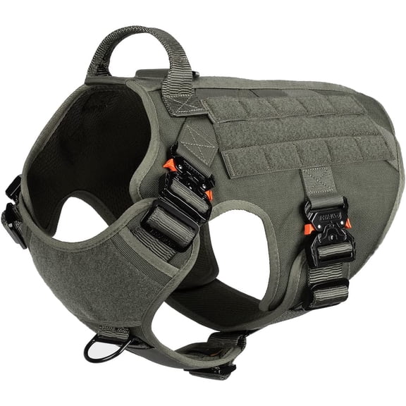 Tactical Dog Harness with 4X Metal Buckle, MOLLE K9 Vest with Handle, No-Pull Front Clip, Adjustable Pet Harness for Large Dogs (L, 28"-35" Chest, Brown)