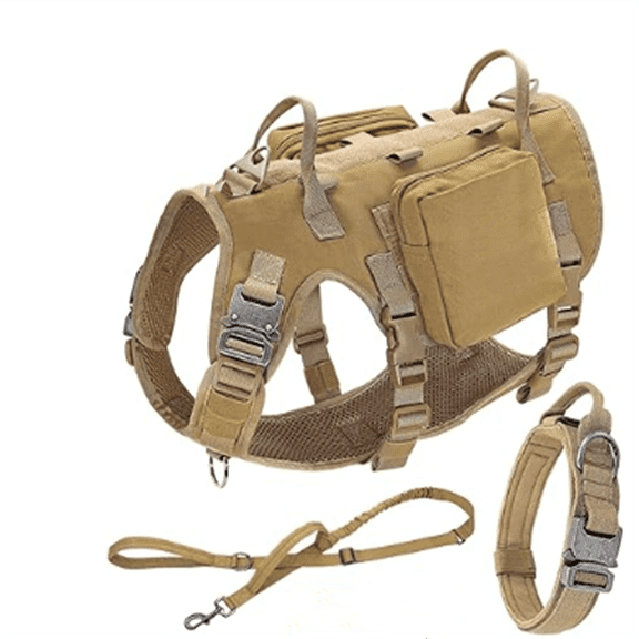 Tactical Dog Harness for Large Dogs,Tactical Dog Collar with Bungee Leash Set,No Pull Military Dog Harness for Walking Training,Adjustable for Medium Large Dogs,Khaki,Chest 21.5-45"
