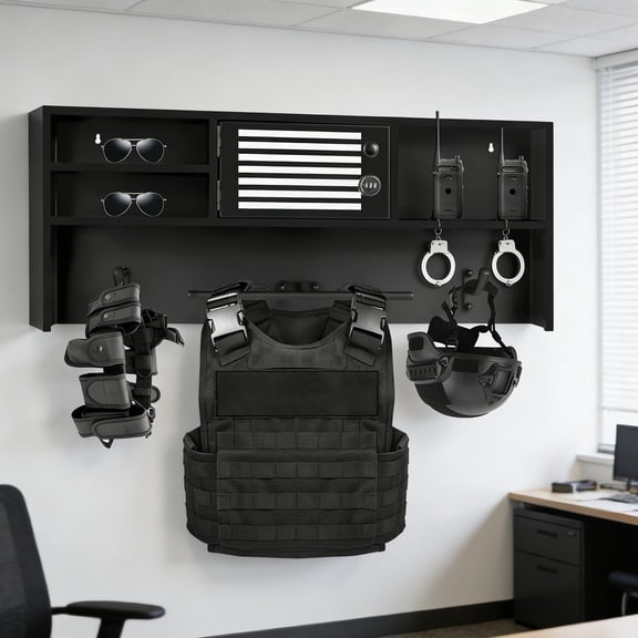 Tactical Duty Gear Rack Decor, Police Wall Rack, Body Armor Stand - Black Metal with Hooks, Powder Coated Finish, 3.9"W Size for Police Academy Graduation Gift