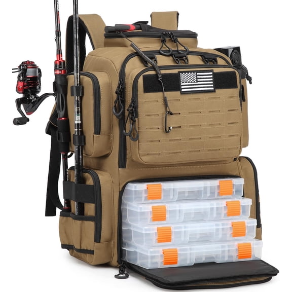 Tactical Fishing Backpack with Tackle Boxes, Rod Holders & Bottle Holder, 50 L Large Insulated Fishing Tackle Box Backpack with Cooler, Fishing Bag Store Gear & Equipment, 900 D Oxford, Brown