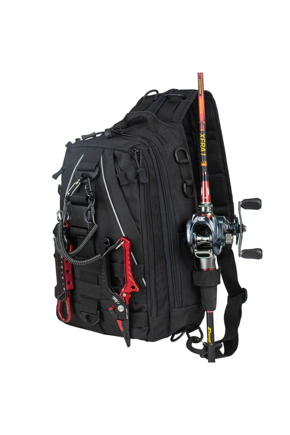 Tactical Fishing Sling Backpack Camo Multi-Purpose Pack with Rod Holder for Lure Fishing, Hiking & Outdoor Adventures