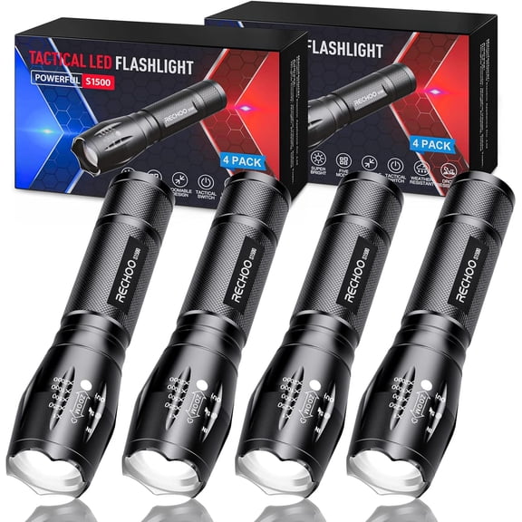 Tactical Flashlight 4 Pack, Bright Zoomable LED with High Lumens and 5 Modes, Waterproof Portable Pocket Flash Light for Emergency, Camping, Outdoor Use - S1500
