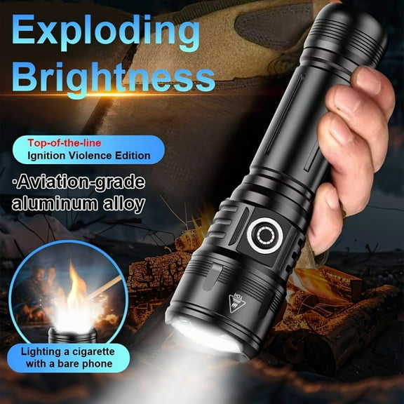 Tactical Flashlight with Fire Starter, High Lumen 26650 Rechargeable Battery, 3000mAh Long Lasting - Super Bright Beam for Camping, Hiking, Fishing, Night Cycling & Power Outages