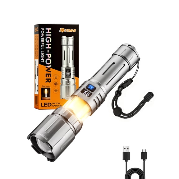 Tactical Flashlight High Lumens Rechargeable 5000mAh, 5000 Lumens LED Flashlight for Camping, Emergency, Hiking - Waterproof, 11 Modes, Zoomable, USB-C Charging, Digital Display, Durable Aluminum