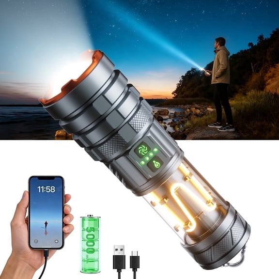 Tactical Flashlight High Lumens Rechargeable 5000mAh, 5000 Lumens LED Flashlight for Camping, Emergency, Hiking - Waterproof, 11 Modes, Zoomable, USB-C Charging, Digital Display, Durable Aluminum