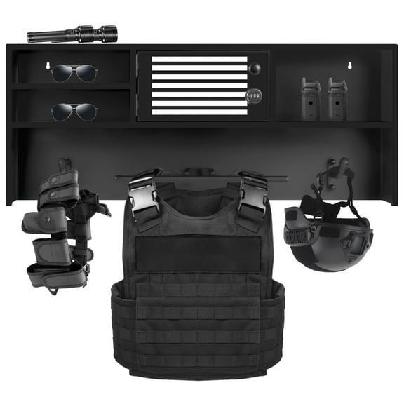 Tactical Gear Rack with Lockbox Safe & 2 Hooks, Police Gear Rack, Black, Thicken Steel Frame, Tactical Duty Gear Stand, for Home, Police Department