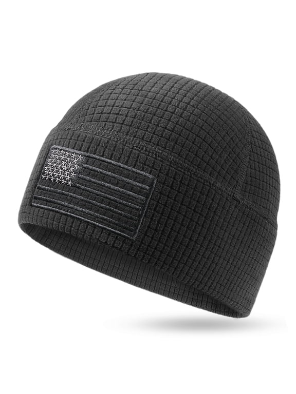 Tactical Grid Fleece Beanie with American Flag Embroidery, Warm Stretch Skull Cap, Lightweight Watch Cap for Men Women, Winter Outdoor Hat