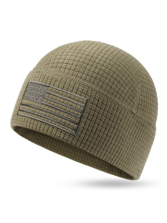 Tactical Grid Fleece Beanie with American Flag Embroidery, Warm Stretch Skull Cap, Lightweight Watch Cap for Men Women, Winter Outdoor Hat