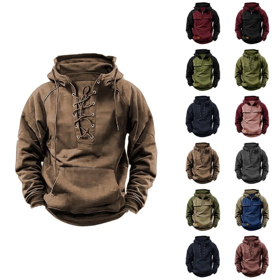 Tactical Hoodie for Men 2025 Fall Winter Long Sleeve Lace Up Plain Hooded Sweatshirt with Pockets Pullover Tops
