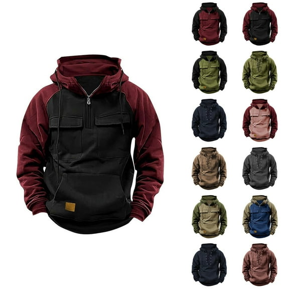 Tactical Hoodie for Men 2025 Fall Winter Long Sleeve Lace Up Plain Hooded Sweatshirt with Pockets Pullover Tops