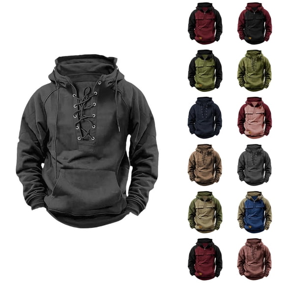 Tactical Hoodie for Men 2025 Fall Winter Long Sleeve Lace Up Plain Hooded Sweatshirt with Pockets Pullover Tops