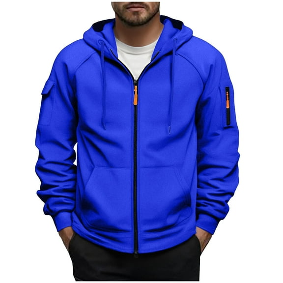 Hoodies For Men Full Zip Up Cargo Sweatshirts Drawstring Hooded Zipper Sweater Long Sleeve Casual Tops Outwear (L, Blue)