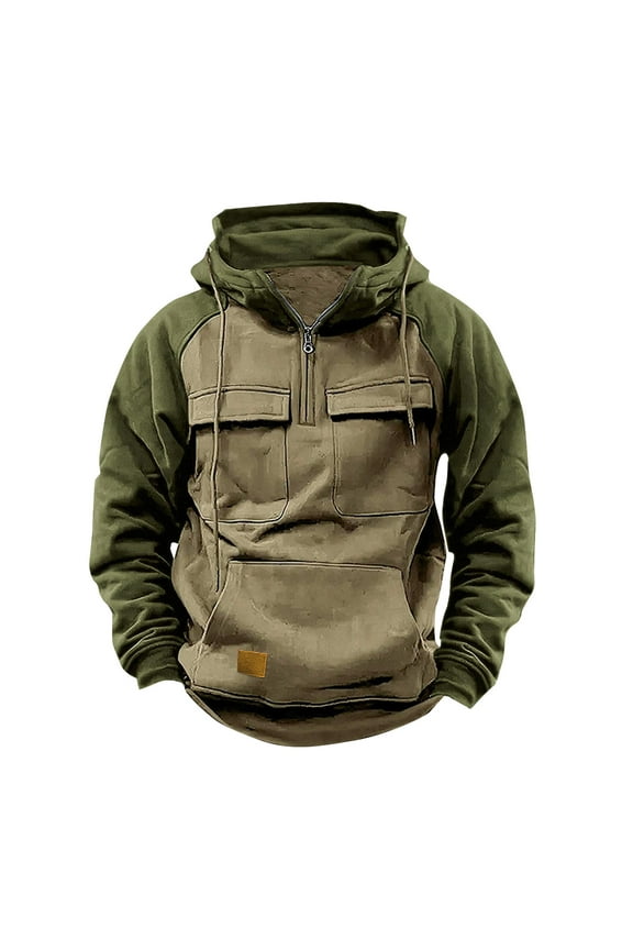 Tactical Hoodies for Men,Quarter Zip Cargo Pullover Hoodie Military Jacket Long Sleeve Hooded Sweatshirt Casual Plain Hoody Multi Pockets Pullover Top for Outdoor Workout Sports
