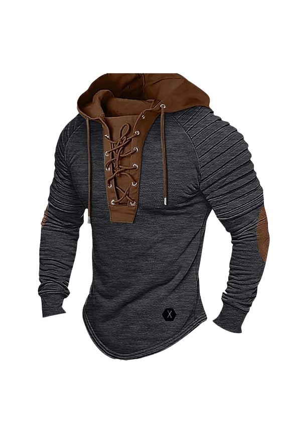 Tactical Hoodies for Men Vintage Medieval Lace Up Sweatshirt Long Sleeve Casual Color Block Pleated Hoody Hooded Pullover Coats for Outdoor Workout Gym Sports Running
